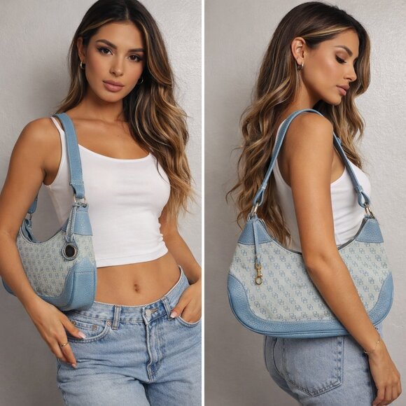 Dooney & Bourke Handbags - Vintage Dooney & Bourke Blue Monogram Canvas Blue Leather Trim Hobo Shoulder Bag